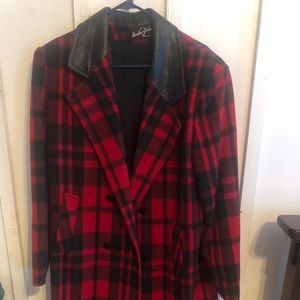 Ladies red & black plaid pea coat .. size L